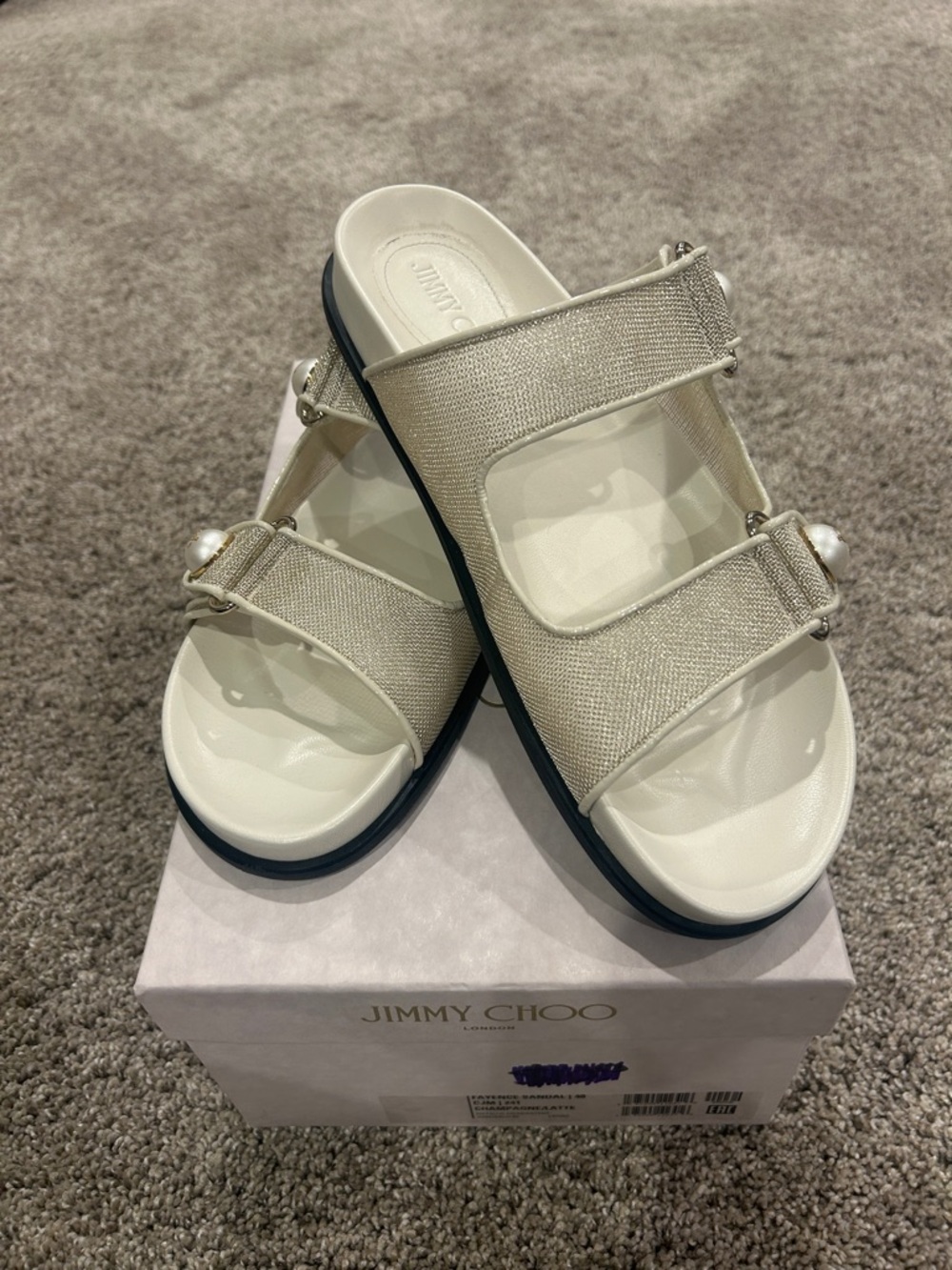 Jimmy Choo Fayence champagne Slide Sandals with Pearl Detail Size 40.  Worn once